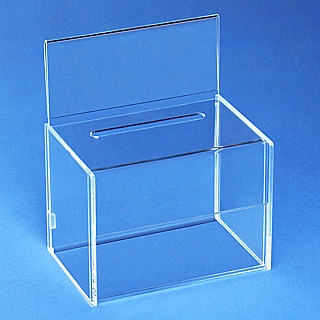 Clear Acrylic Non-Locking Ballot Box 8 3/4 W x 5 1/4 D x 6 1/2 H with Header