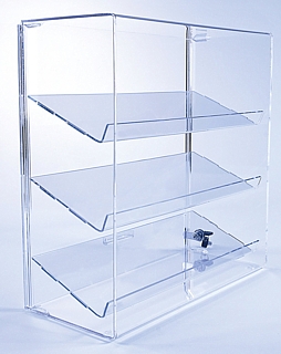 Clear Acrylic Upright Locking Security Showcase with Slanted Shelves in Plexiglas, Plexiglass, Lucite, Plastic
